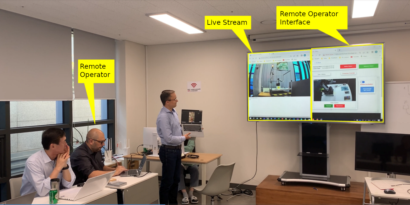Live demo of the remote acknowledgement of safety equipment of a machine tool in Ditzingen (Germany) via the public Internet from the meeting room in Seoul (Korea).